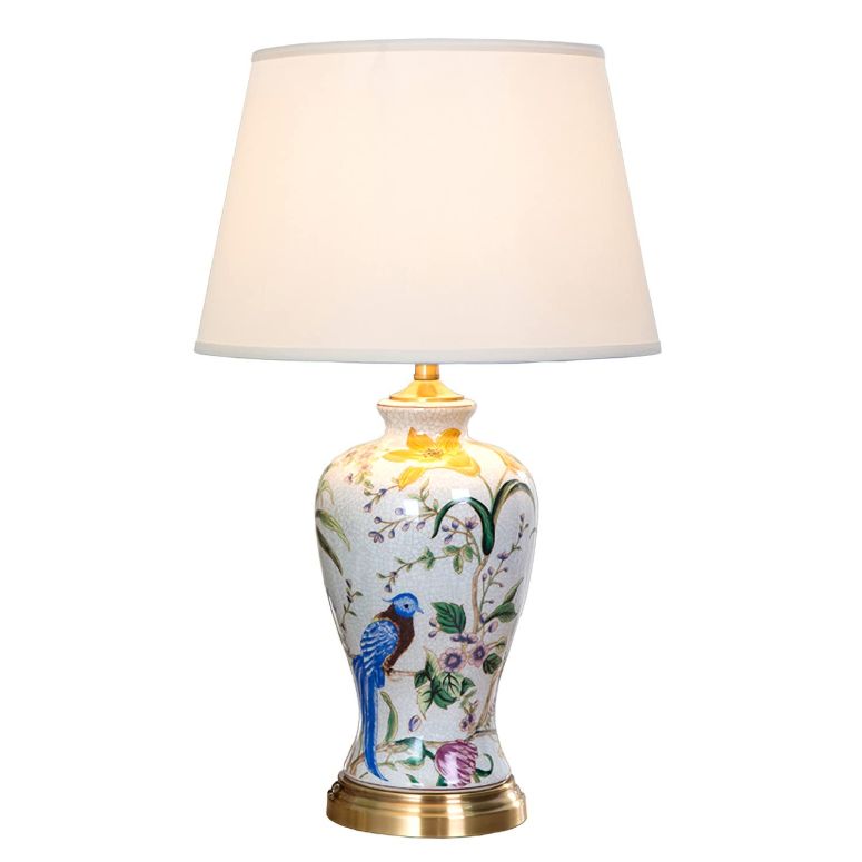 サファヴィヤ safavieh 速見表照明ランプ サファビヤ サファヴィア PSXPSXO White Flower \u0026 Bird Ceramic Table Lamp,Hand-Painted Chinoiserie Lamp, Fabric Lampshade Nightstand Lamp for Bedroom Living Room Office College Bookcase 【並行輸入品】