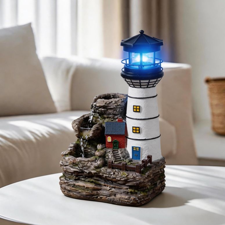 卓上 吹き上げ 滝のオブジェ テーブルトップファウンテン 室内装飾吹き上げ Tolevoit Indoor Tabletop Water Fountain, Mediterranean Coastal Lighthouse Waterfall with Blue LED Light, Relaxing Zen Desk Fountain for Office \u0026 Bedroom, Nautical Hom 【並行輸入品】