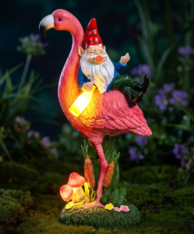 ガーデンライトLEDソーラーライト ソーラーパワー C&Y&G&X Middle Finger Gnome Riding Flamingo 13in, Funny Garden Statue Solar Powered Outdoor Yard Decor with LED Beer Bottle & Mushrooms, Waterproof Naughty Lawn Ornament Gag Gift for P 【並行輸入品】|MJ-MARKET