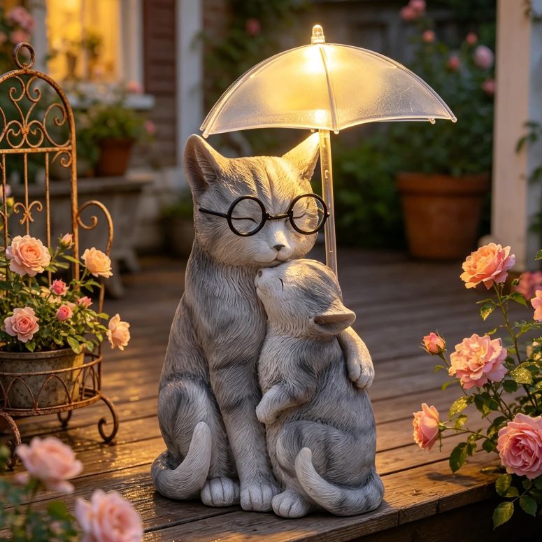 庭園点火装置LEDソーラー点火装置 ソーラー力強さ Solar Cat Statue Garden Decor, Mother and Baby Kitten with Umbrella LED Light, Loving Cat Figurines Yard Decorations Outdoor for Patio Balcony Porch Lawn Ornaments, Cat Gifts for Women 【並行輸入品】