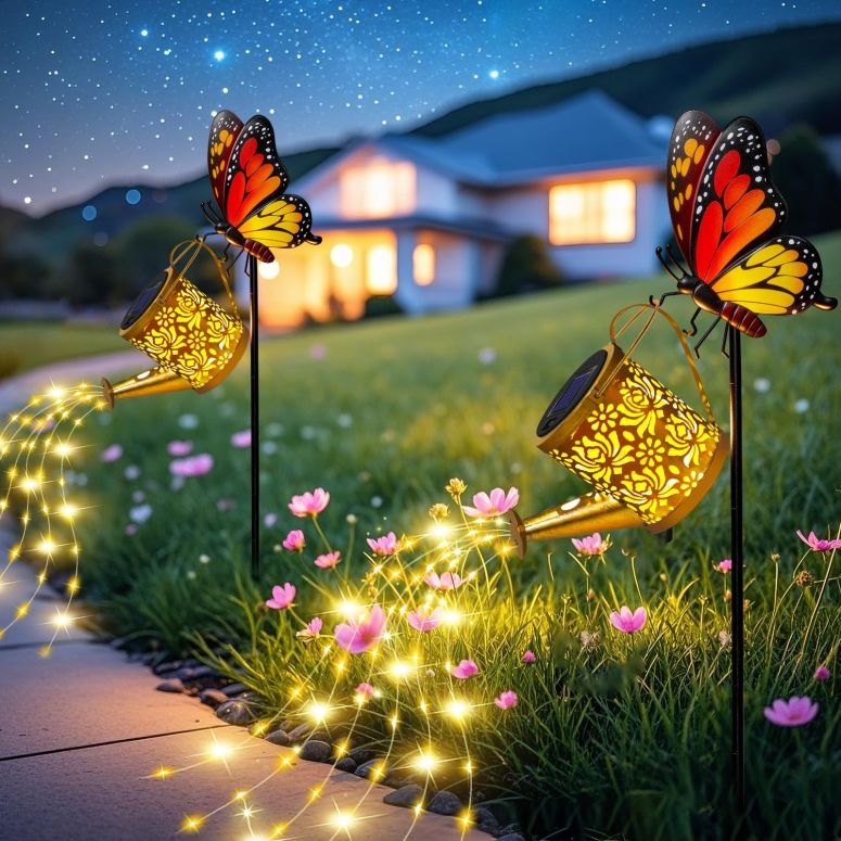 庭園点火装置LEDソーラー点火装置 ソーラー力強さ yeuago Solar Lights Outdoor Decorative, Watering Can with Cascading Lights on Butterfly Shepherd\u0027s Hook, Solar Garden Stake Decor for Yard Pathway,Gift for Women Mom (2pcs-Butterfly Ga 【並行輸入品】