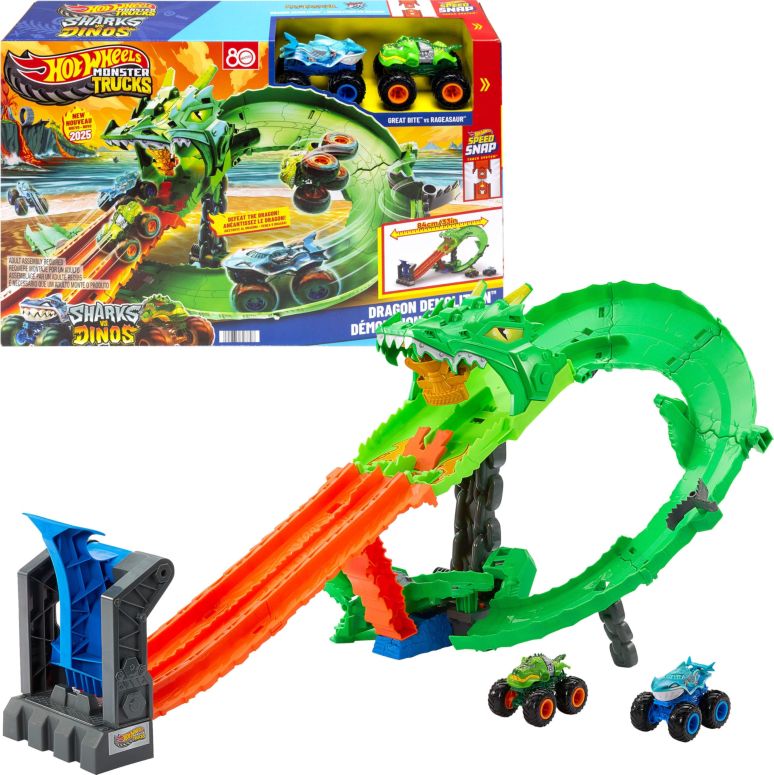 ホットウィール 変わり種貨物自動車 Hot Wheels Toy Monster Trucks, Sharks vs. Dinos Dragon Destruction Playset with 1:64 Scale Great Bite \u0026 Rageasaur, Race to Defeat The Cyborg Nemesis 【並行輸入品】