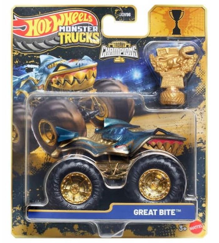 ホットウィール 変わり種貨物自動車 Hot Wheels Monster Trucks Trophy Champions Great Bite [Gold] Includes Toy Trophy! 1:64 Scale Diecast Toy Vehicle 【並行輸入品】