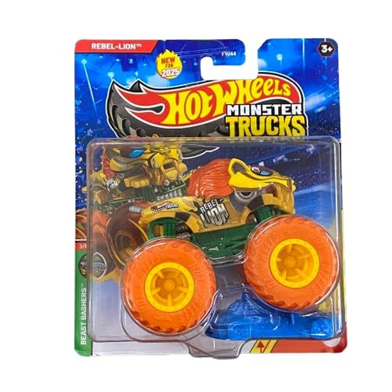 ホットウィール 異類異形貨物自動車 Hot Wheels Monster Trucks Beast Bashers Rebel Lion, 3/6 Series, with Crushed Car 【並行輸入品】