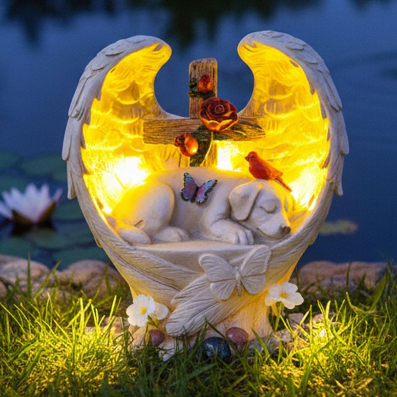 ガーデンライトLEDソーラーライト ソーラーパワー Solar Dog Memorial Stone with Angel Wings Cross Cardinal Passing Away Gifts, Sleeping Pet Grave Markers Dog Loss Sympathy Gift Resin Statue with Solar Lights for Garden Decor 【並行輸入品】｜MJ-MARKET