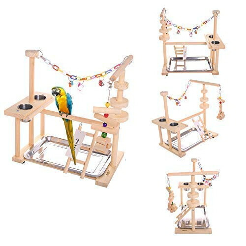 【即納】 小鳥アスレチック オウム真理教 ヨウム 照明ランプ QBLEEV Parrot Playstand Bird Play Stand Cockatiel Playground Wood Perch Gym Playpen Ladder with Feeder Cups Toys Exercise Play (Include a Tray) (16\" L10 W15 H) sokunou 【並行輸入品】"