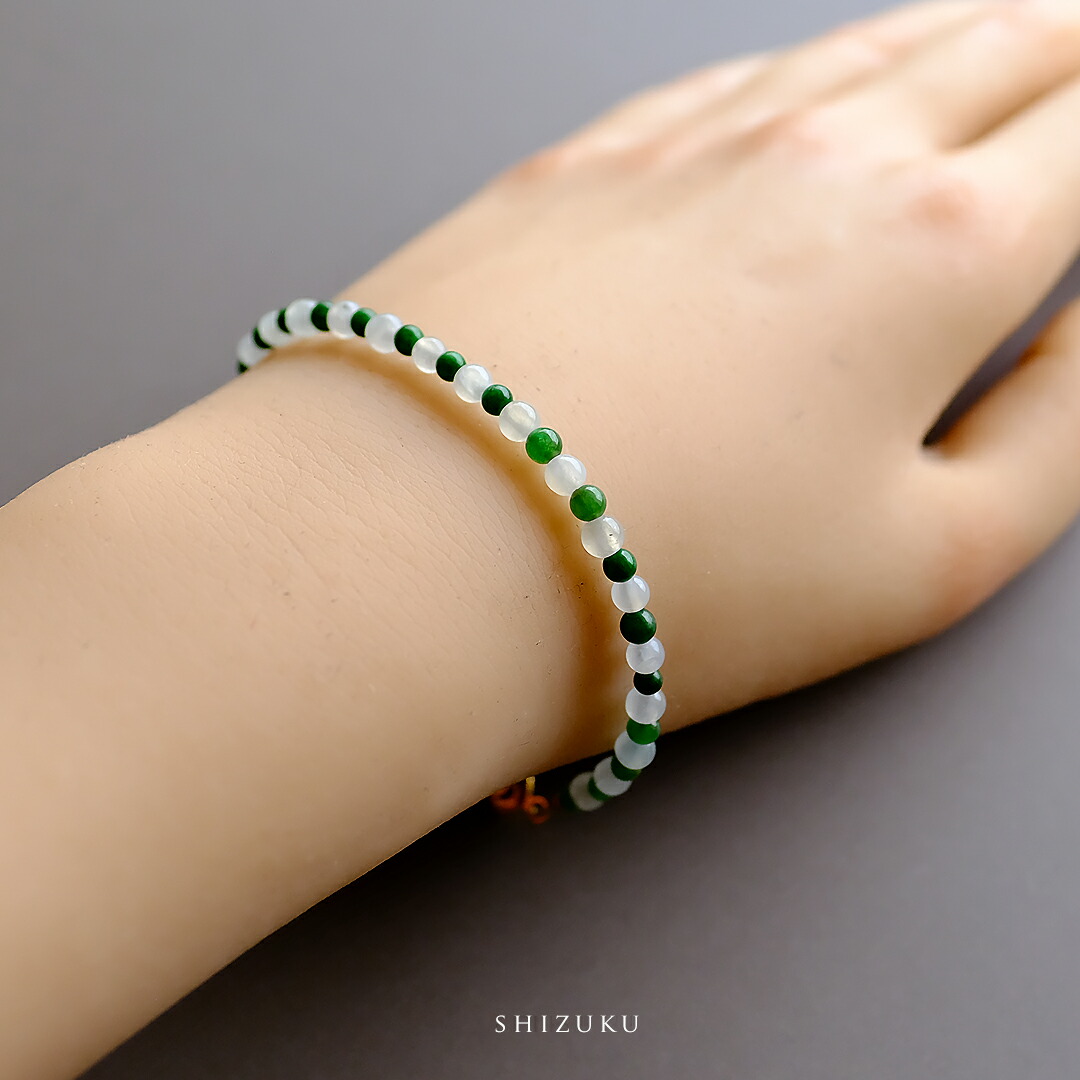 翡翠(ヒスイ) 丸玉ブレスレット『SHIZUKU』(グリーン&氷翡翠 / 内周17cm)一点物 無着色 上質 ミャンマー産 天然ひすい ジェダイト 硬玉 天然石 国石 パワーストーン 5月誕生石 誕生日 記念日 プレゼント ビーズ ワイヤー【送料無料】