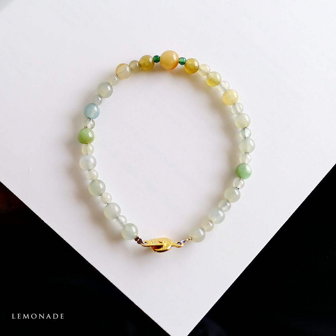 翡翠(ヒスイ) 丸玉ブレスレット『LEMONADE』（イエロー＆グリーン＆ホワイト翡翠 / 内周16cm）一点物 無着色 上質 ミャンマー産天然ひすい ジェダイト 硬玉 天然石 国石 5月誕生石 ビーズ ワイヤー【送料無料】