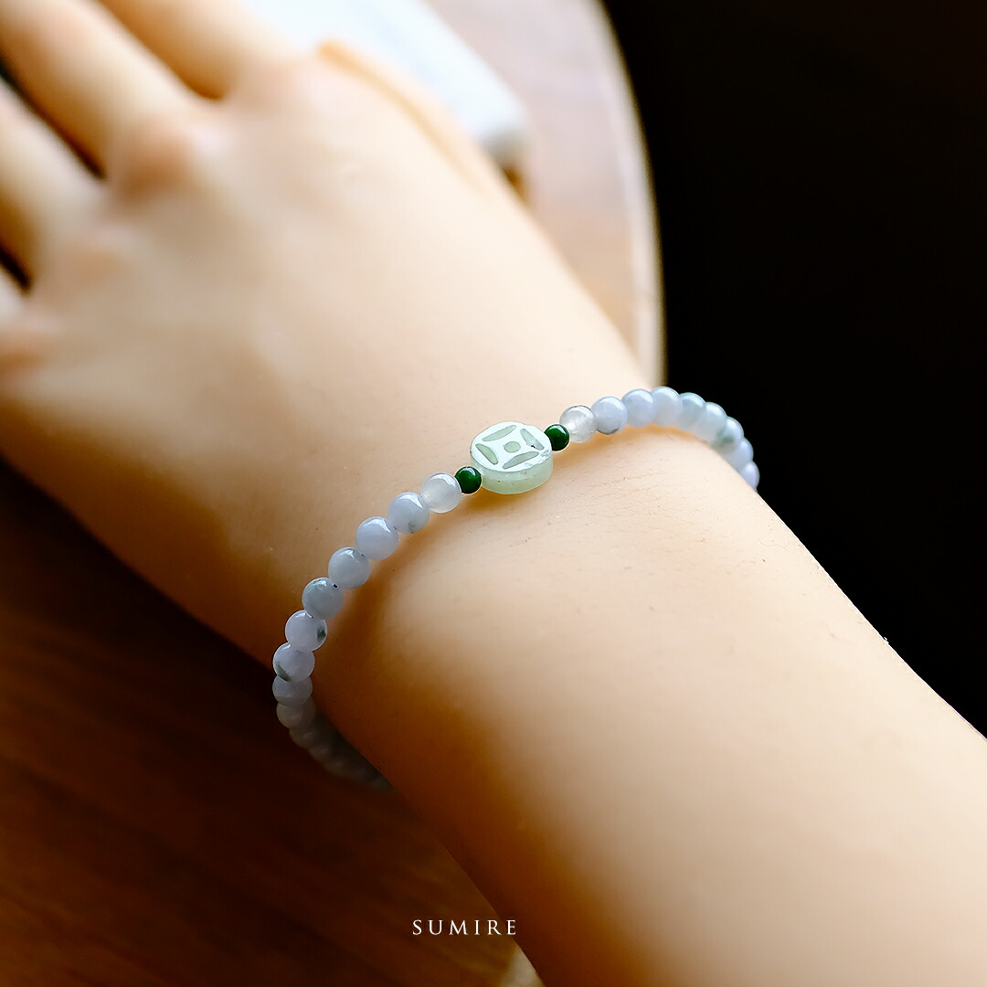 翡翠(ヒスイ) 丸玉ブレスレット『SUMIRE』（ブルーラベンダー＆グリーン翡翠 / 内周16.5cm）古銭 一点物 無着色 上質 ミャンマー産天然ひすい ジェダイト 硬玉 天然石 国石 5月誕生石 ビーズ ワイヤー【送料無料】 21,560円