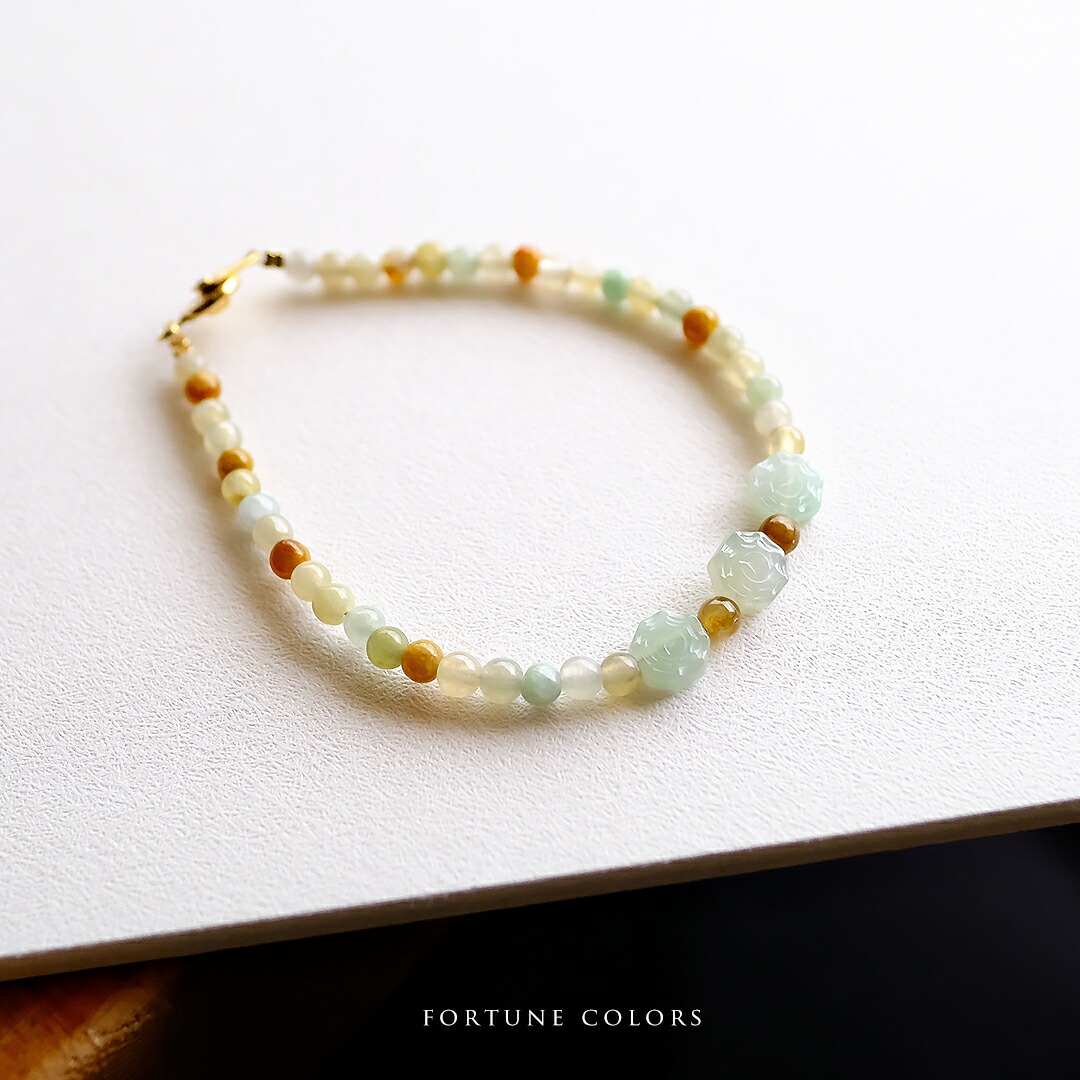 翡翠(ヒスイ) 丸玉ブレスレット『FORTUNE COLORS』（イエロー＆グリーン＆ホワイト翡翠 / 内周16.5cm）八卦 一点物 無着色 上質 ミャンマー産天然ひすい ジェダイト 硬玉 天然石 国石 5月誕生石 ビーズ ワイヤー【送料無料】