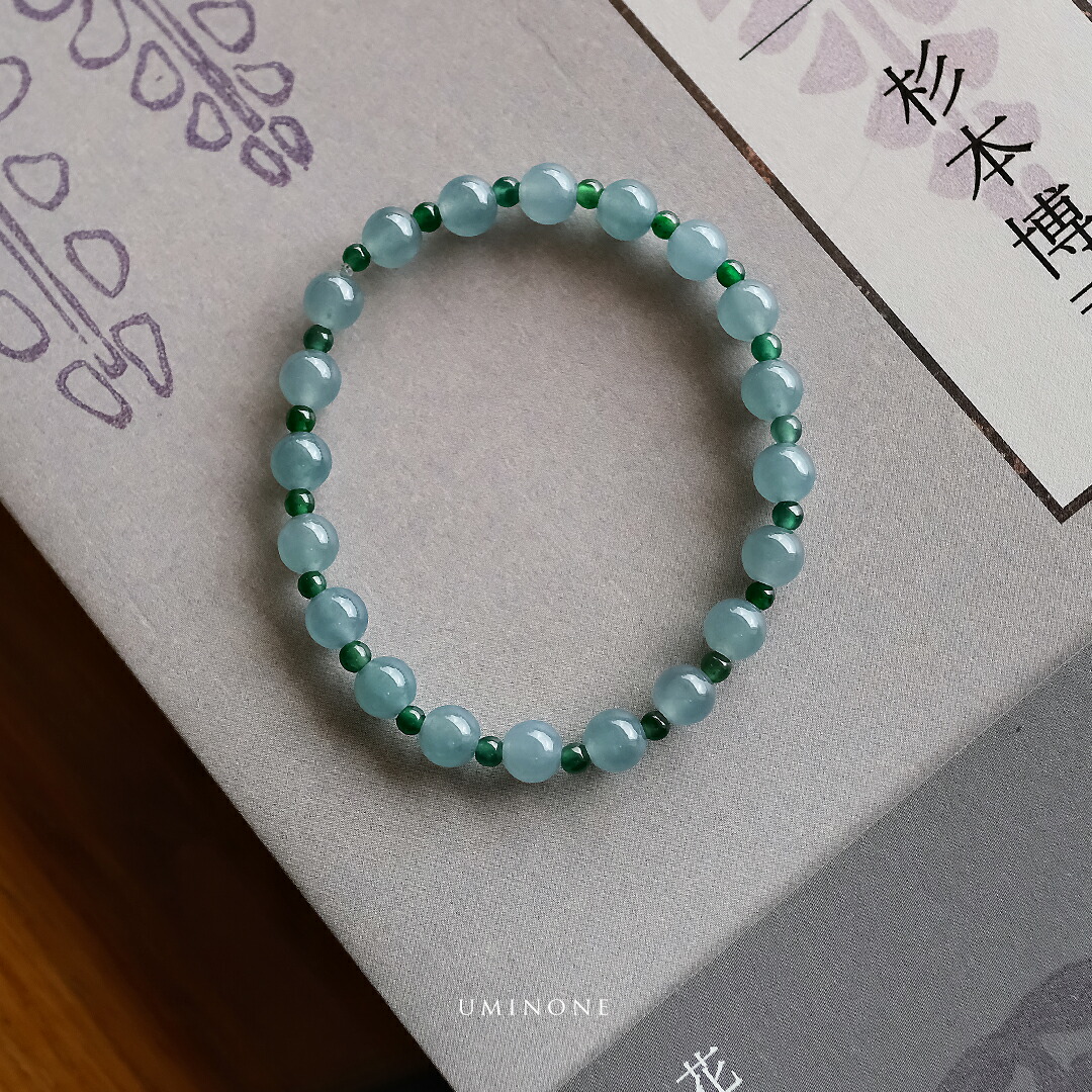 翡翠(ヒスイ) 丸玉ブレスレット『UMINONE』（グアテマラブルー＆グリーン翡翠/内周15cm）一点物 無着色 上質 グアテマラ産天然ひすい ジェダイト 硬玉 天然石 国石 5月誕生石 プレゼント ギフト シリコンゴム【鑑別書作成無料】【送料無料】
