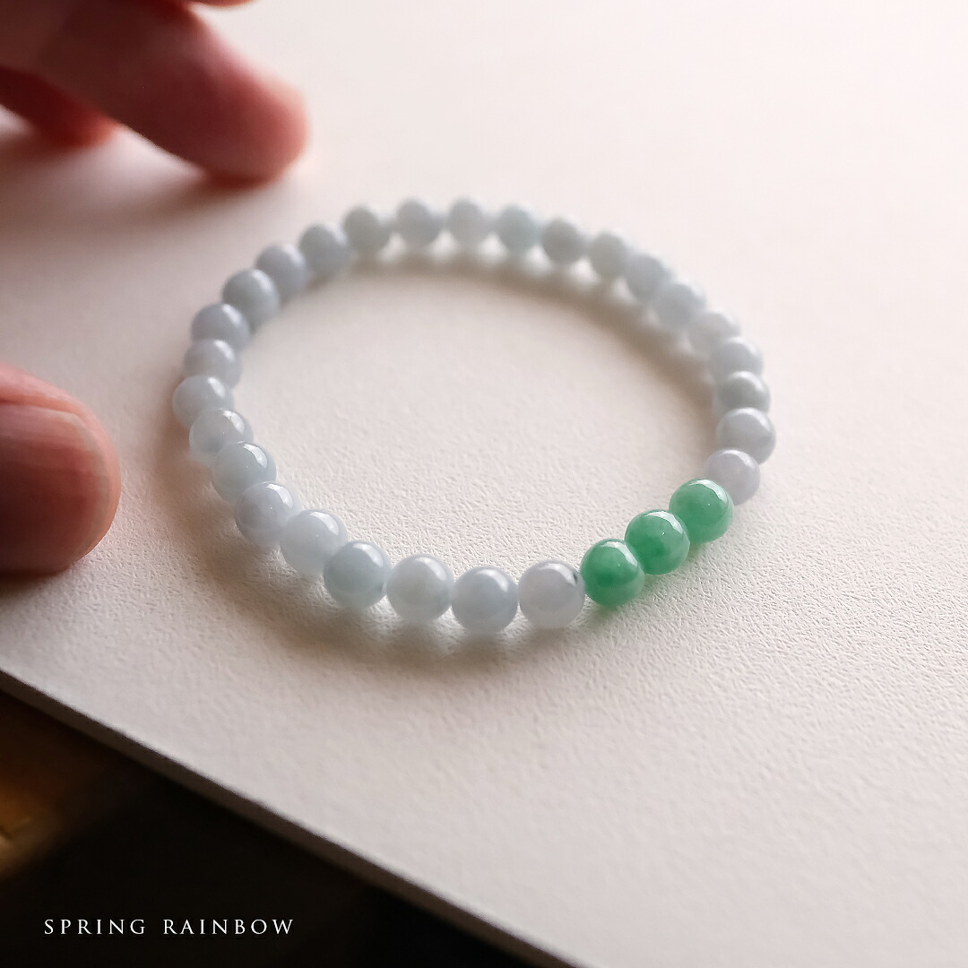 翡翠(ヒスイ) 丸玉ブレスレット『SPRING RAINBOW』(ラベンダー&グリーン翡翠/内周16.0cm)一点物 無着色 上質 ミャンマー産 天然ひすい ジェダイト 硬玉 天然石 パワーストーン 5月誕生石 プレゼント ビーズ シリコンゴム【送料無料】|翡翠専門店ジョイテック