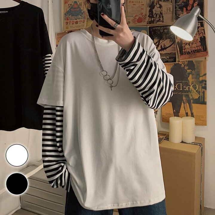メンズ 重ね着風Tシャツ レイヤード風 ストライプ ルーズ a1304 楽天市場】重ね着風Tシャツ メンズ 長袖 春 レイヤード ボーダー