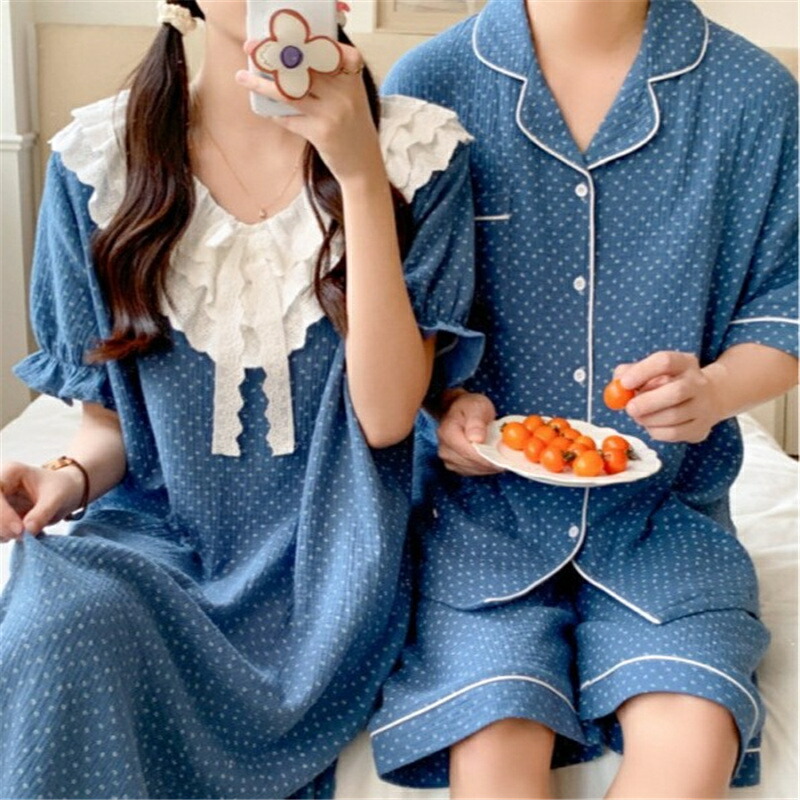 ペア パジャマ 半袖 夏 男女2着 セット 春 水玉 フレア ゆったり 韓国 フレアスリーブ ペアルック ワンピース 高級 カップル ルームウェア 春夏 ペアパジャマ 結婚祝い プレゼント お祝い おもしろ 夫婦 ギフト 上下セット レディース 部屋着 メンズ|MK-House