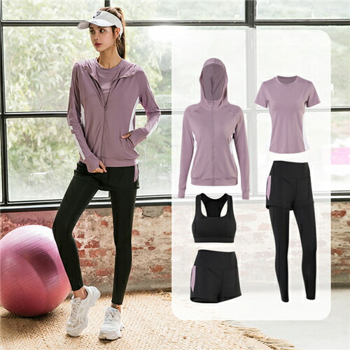 ランニングウェア レディース 5点セット 春夏 セット ウェア おしゃれ 可愛い かわいい トレーニングウェア ジムウェア ジム ヨガウェア スポーツウエア 女性 秋冬 トップス 夏 スポーツブラ 長袖アウター 半袖tシャツ レギンス ショートパンツ 吸汗速乾 人気満点