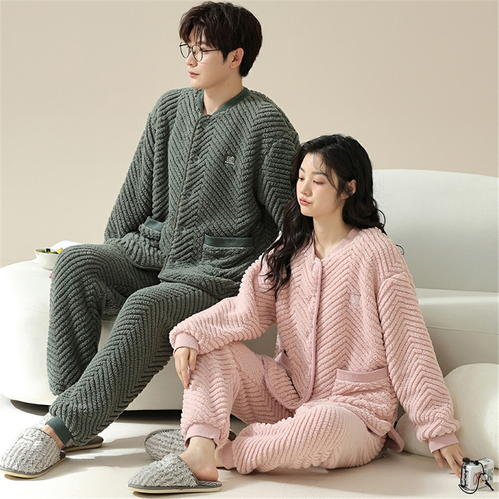フリース 男女兼用 カップル パジャマ 秋冬シンプル カジュアル カーディガン ナイトウェア かわいい 可愛い 暖かい あったか 長袖 部屋着 ふわもこ モコモコ 厚手 保温 ルームウェアセット ID3624