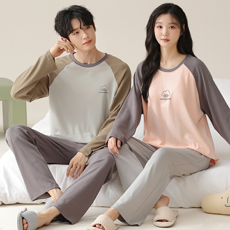 【ギフト】カップル パジャマ セット 春秋 新作 ストライプ 厚手 長袖 かわいい 可愛い 大きいサイズ ルームウェア 男女兼用 お揃い 部屋着 2点セット ID4053 main image 0