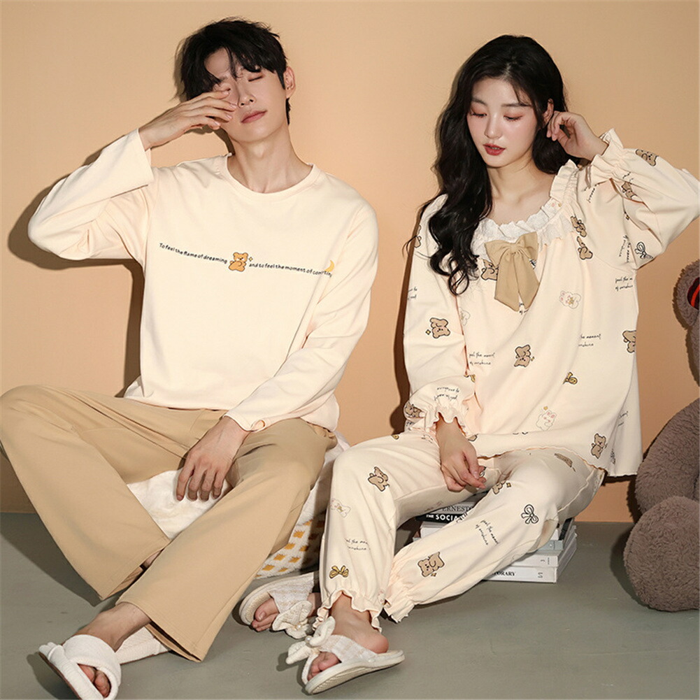 【ギフト】カップル パジャマ セット 春秋 新作 ストライプ 厚手 長袖 かわいい 可愛い 大きいサイズ ルームウェア 男女兼用 お揃い 部屋着 2点セット ID4053 main image 1