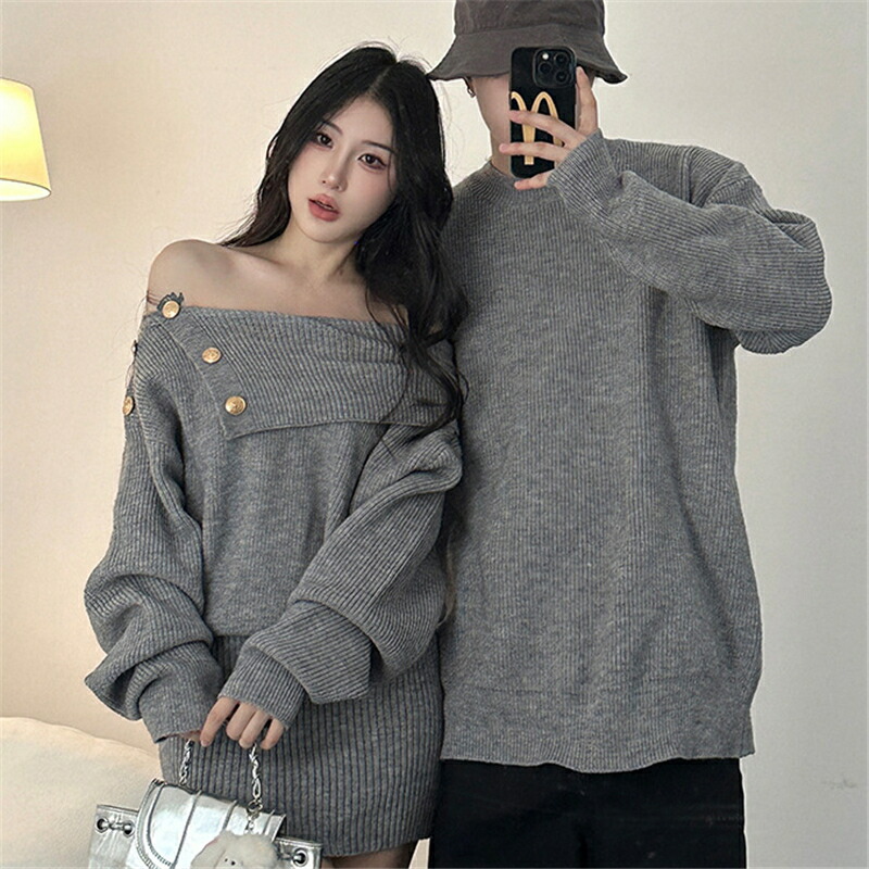 ペアルック セーター 秋冬 ニット オフショル ワンピース uネック 長袖 カップル お揃い 服 トップス クリスマス プレゼント リンクコーデ ペア ブランド コーデ メンズ かわいい スウェット 人気 冬 秋服