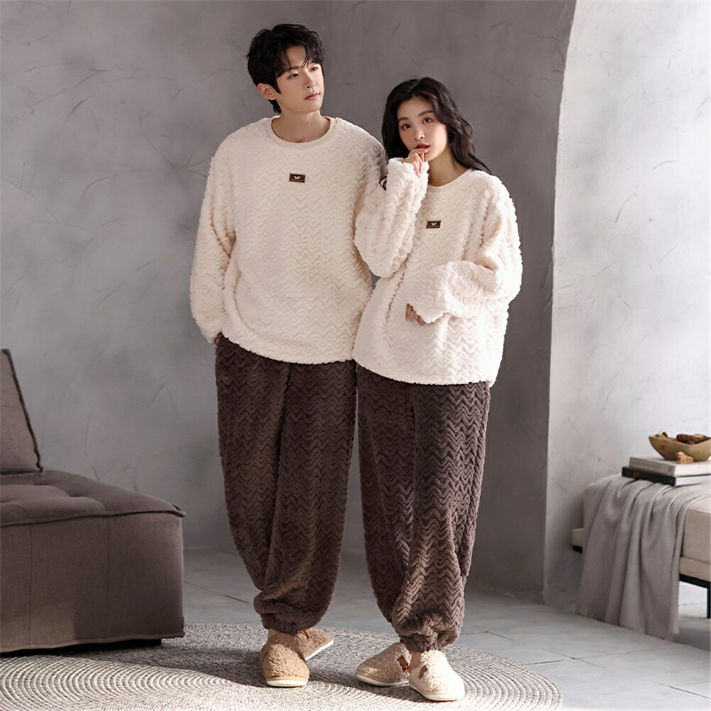 フリース 男女兼用 カップル パジャマ 秋冬シンプル カジュアル カーディガン ナイトウェア かわいい 可愛い 暖かい あったか 長袖 部屋着 ふわもこ モコモコ 厚手 保温 ルームウェアセット ID3624 main image 0