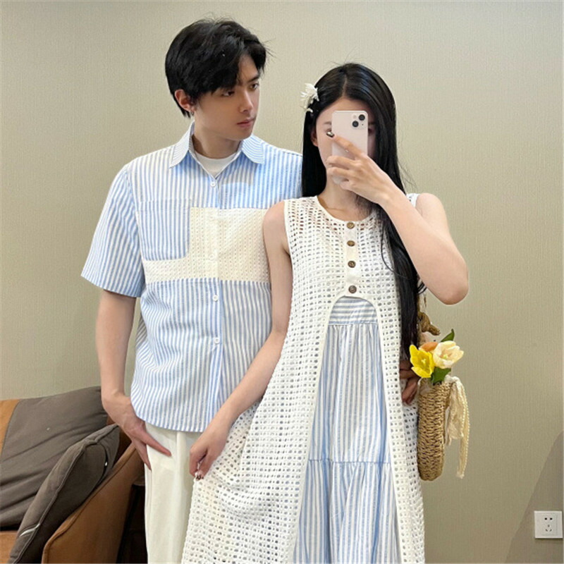 カップル半袖シャツペアシャツメンズ半袖レディースワンピースブランド夏ノースリーブ2点セットワンピース ペアルック カップル ワンピース 半袖 グリーン シャツ かわいい