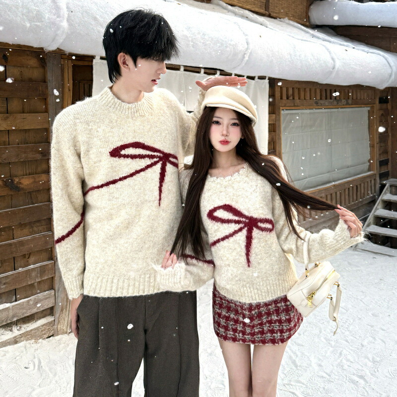 ペアルック セーター リボン シンプル 韓国風 冬 クリスマス 秋冬 uネック ニット 長袖 カップル お揃い 服 トップス プレゼント リンクコーデ ペア ブランド コーデ メンズ かわいい スウェット 人気 秋服