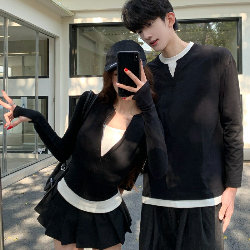 ペアルック トレーナー 無地 スリムフィット 韓国風 春 tシャツ トップス 長袖トップス 重ね着レイヤード ブランド カップル お揃い 服 秋 冬 レディース おしゃれ ペアルックトレーナー 大きいサイズ リンクコーデ プレゼント コーデ メンズ