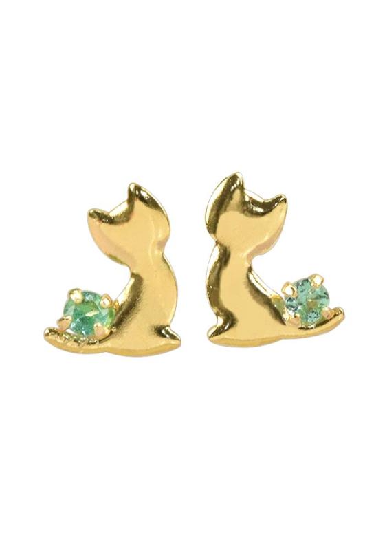 [四葉のクローバー] 18金 エメラルド 猫 ピアス 18k K18 ゴールド 5月 誕生石 ネコ ねこ キャット レディース 女性 キュート :Ma692