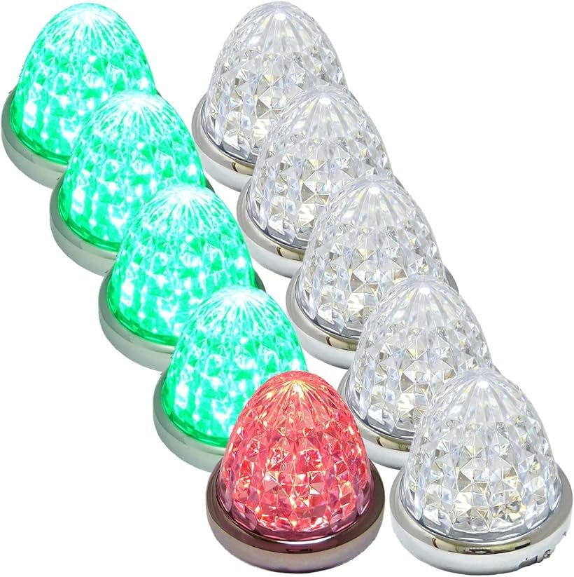 互換品 カスタマイズ 24V トラック用 LED マーカーランプ サイド 8面クリスタルカット仕様 16LED 汎用 10個 セット グリーン / レッド (グリーン / レッド)｜エムラインストア