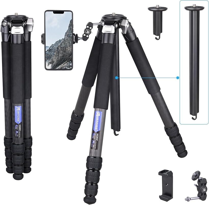 互換品 コンパクトカーボン 三脚 32mm管経 ファイバートラベル カメラ 最大高さ168cmアクセサリー穴 スマホクリップとマジックアーム付き DSLR/一眼レフ/ビデオに適用 耐荷重20キロ