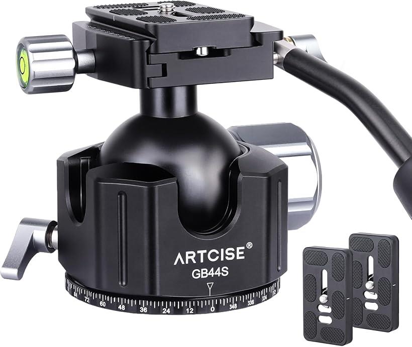 互換品 44mm 低重心 ハンドル ボール雲台 CNC精密加工 アルミ ビデオ三脚ヘッド 360度回転 パノラマ 自由雲台 二つの予備アルカスイス クイックシュー付き 一眼レフ DSLR カメラ用 最大耐荷重20キロ｜エムラインストア
