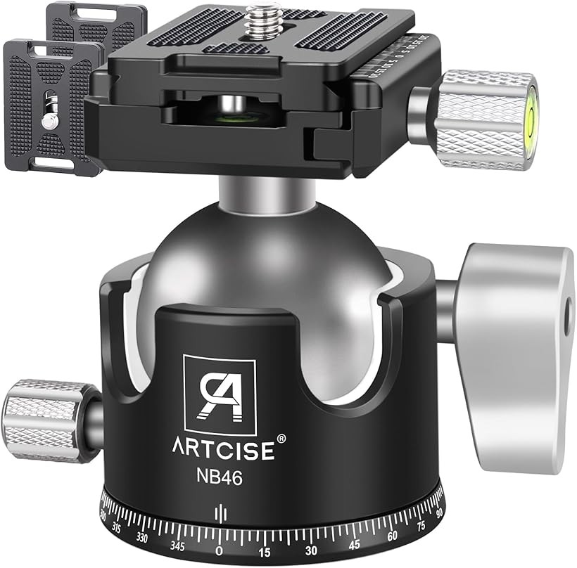 アルカスイス互換 46mm 低重心 ボール雲台 CNC加工 アルミ 360度回転 パノラマ ボールヘッド クイックシュー 自由雲台 一眼レフ DSLR ビデオカメラ用 最大耐荷重 20キロ