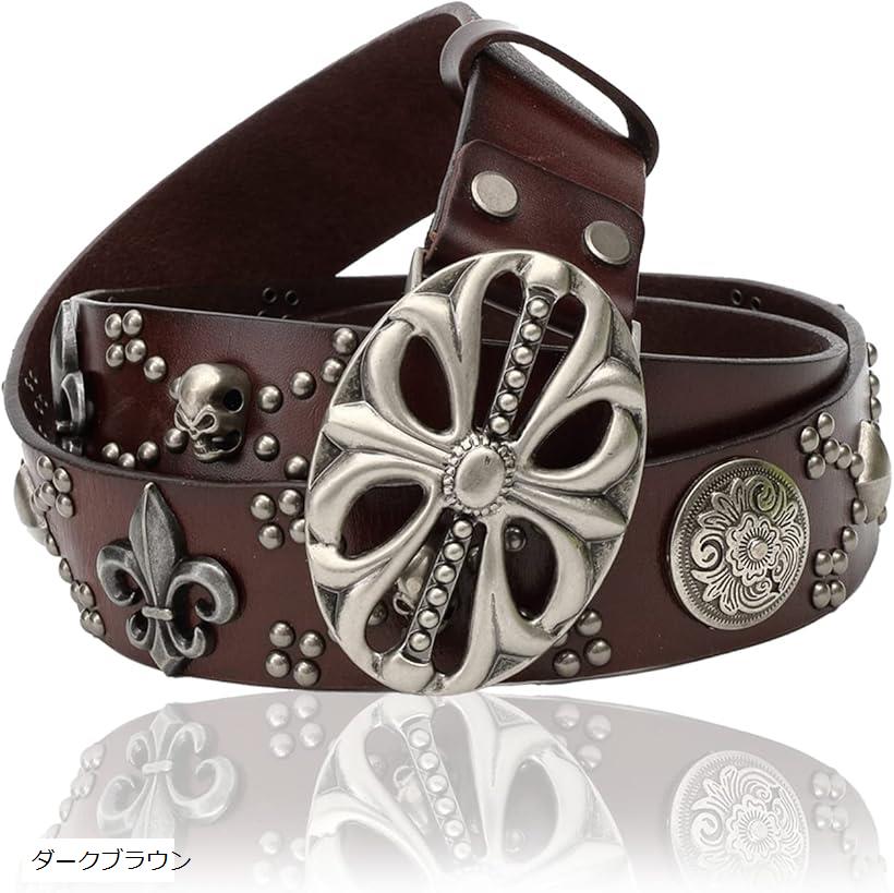 ラクエスト デカ ゴツ バックル メンズ 牛革 レザー ベルト スタッズ ユリ 紋章 アイリス レリーフ ダークブラウン