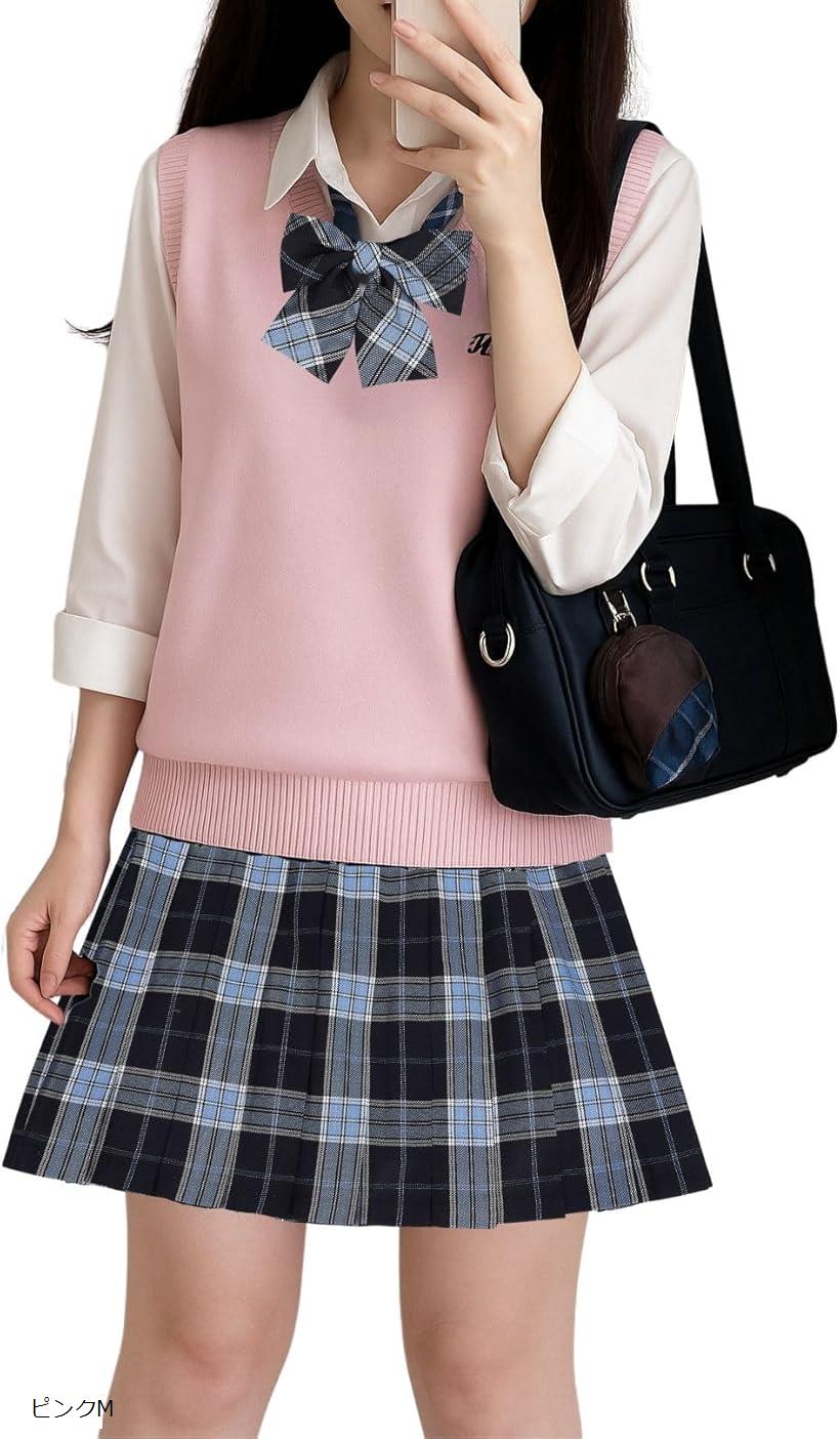 制服 女子高生 コスプレ ニット チェックスカート 長袖シャツ リボン かわいい 洗える 4点 セット ピンク系 ピンクXL ピンクL ピンクS ピンクM