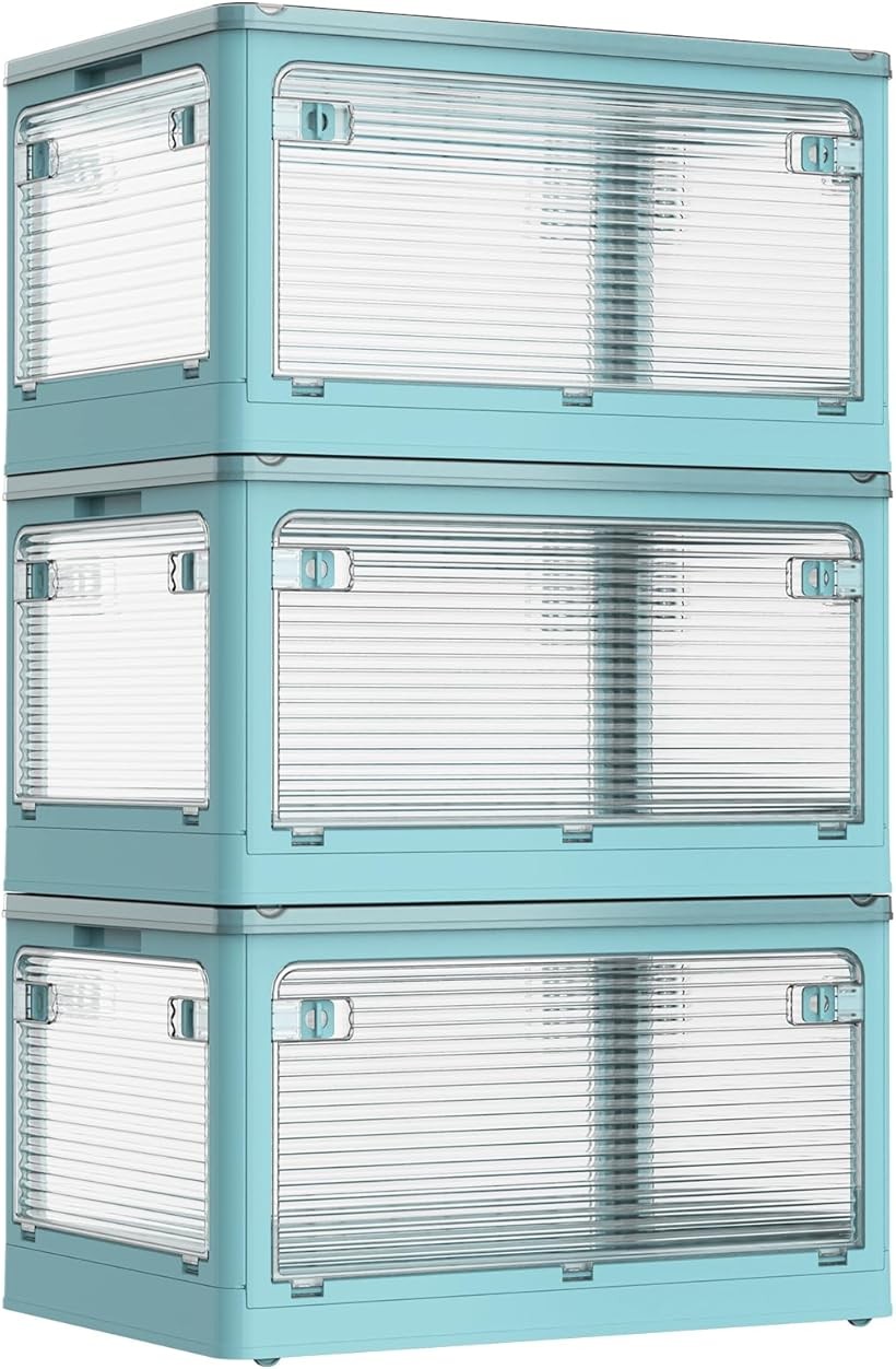 収納ボックス 折り畳み 蓋付き 全方向から取り出せる キャスター付き コンテナ 衣装ケース 押し入れ 収納ケース おもちゃ 小物 洋服 布団 本 漫画 収納箱 Lサイズ3個：51.5x36.5x30cm (ブルー，3個セット, Large)｜エムラインストア