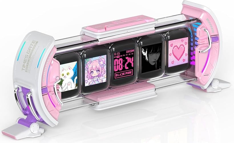 Times Gate 5Wayデジクロック スチームパンク風 PCデスクを彩る 近未来 ガジェット RGBライト5スクリーン自由DIY：時計/天気予報/ピクセル作品/写真 (ピンク, 36x21x11.8cm)｜エムラインストア