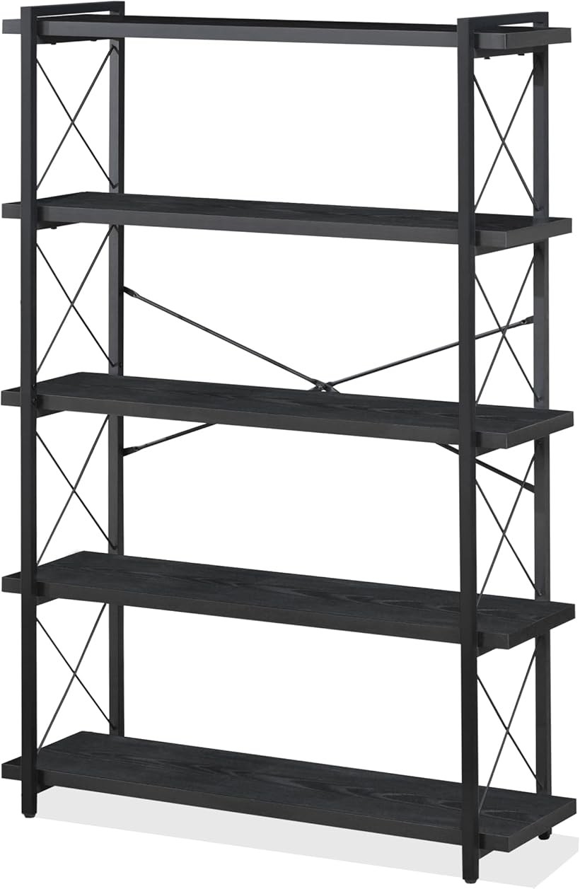 ラック オープンシェルフ 木製 収納 棚 おしゃれ 本棚 オープンラック キッチンラック 幅90cm 5段 リビングラック 木目調 組立簡単 ディスプレイラック スチールラック (ブラック, 幅90x5段)｜エムラインストア