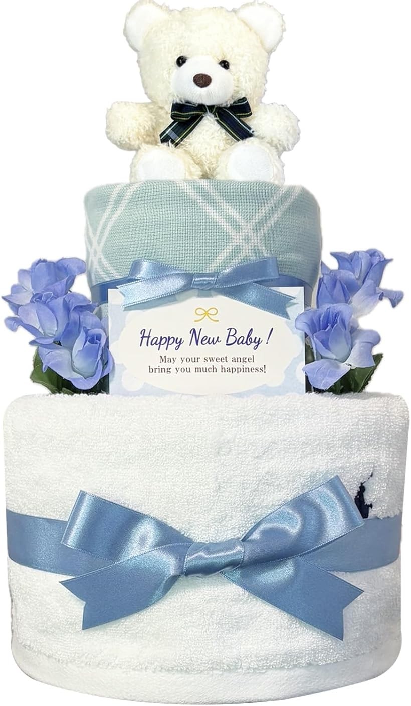 おむつケーキ 男の子 出産祝い 赤ちゃん 誕生日 ベビーシャワー ギフト rln3012 (ブルー, 2段 Sサイズ)｜エムラインストア