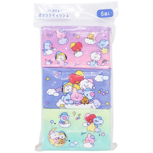 65円 着後レビューで 送料無料 ティッシュペーパー BT21 ポケットティッシュ6袋入り おやすみ LINE FRIENDS カミオジャパン 水に流せる 商品 メール便可 マシュマロポップ