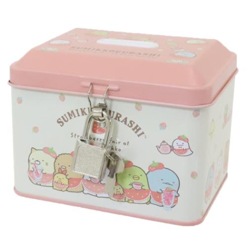 楽天市場】 すみっコぐらし 貯金箱 カギ付き缶バンク いちごフェア