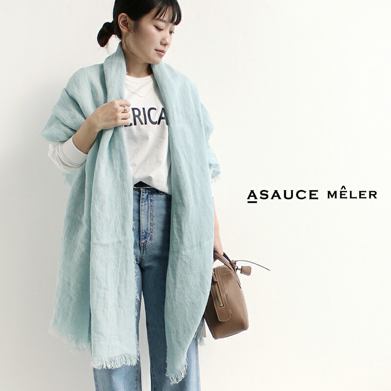 美品 リネン100％ ASAUCE MELER 大判ストール ASAUCE MELER アソースメレ レディース ストール 正方形 大判