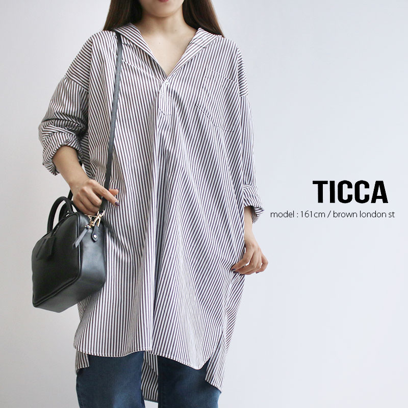 税込) TICCA ティッカ ストライプスクエアビッグロングシャツプル