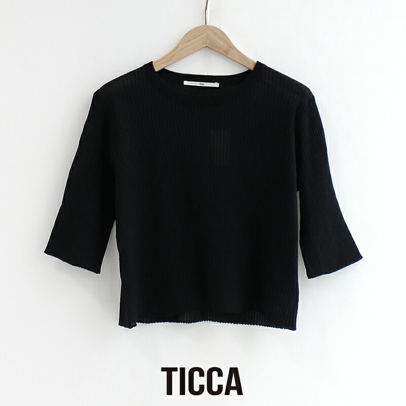TICCA ティッカ 半袖シアーリブニットプルオーバー TBES-482 【RCP】 2025SS カットソー トップス BLACK-WHITE