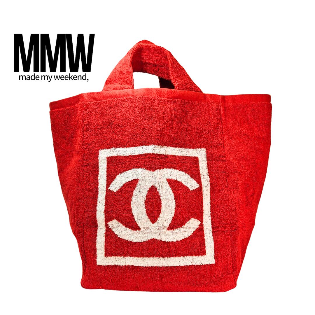 CHANEL シャネル CC ビーチトート テリークロス ミディアム トートバッグ レッド×ホワイト コットン レディース ブランド 中古 正規品 パイル地トート