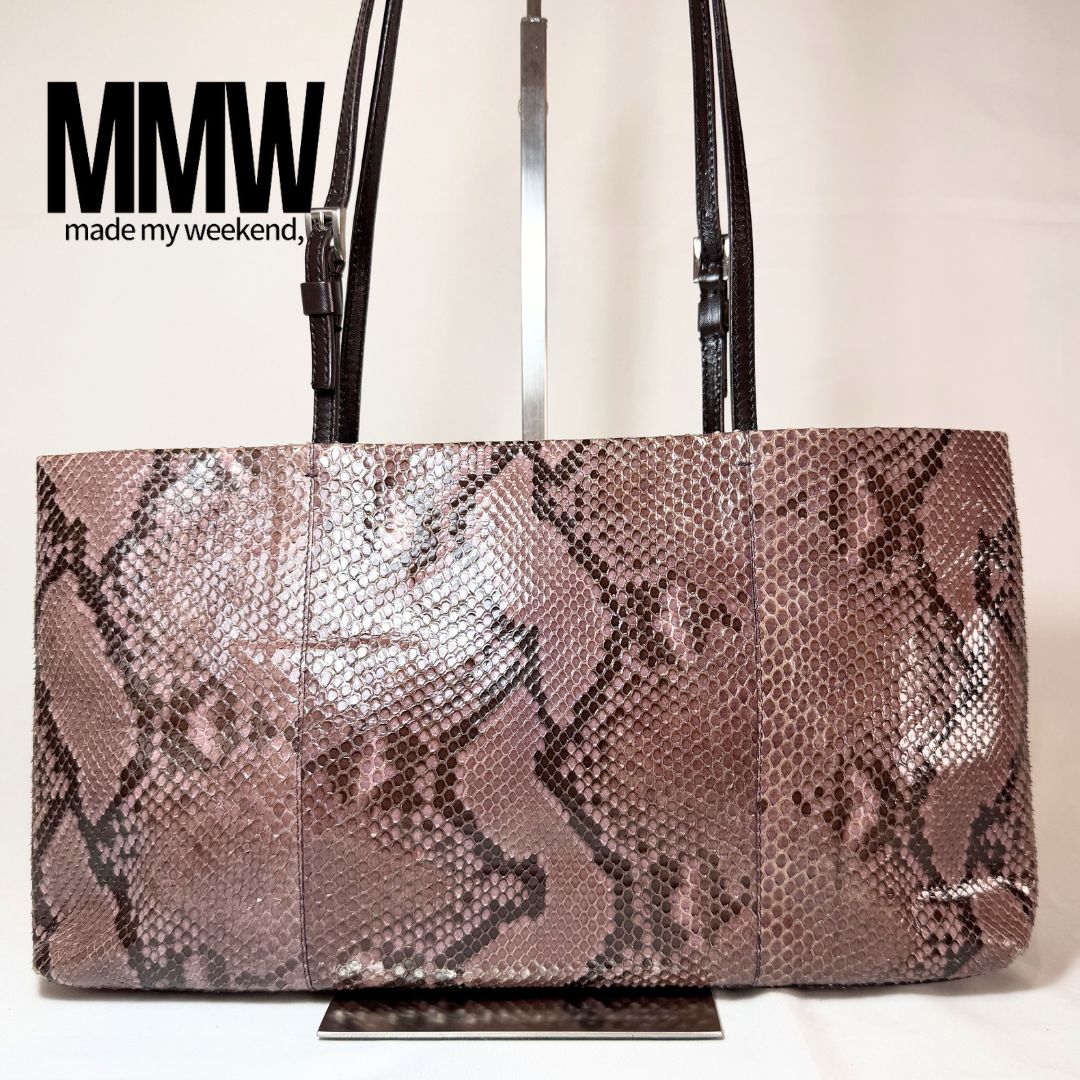 プラダ ショルダーバッグ パイソン レザー ブラウン グレージュ シルバー金具 PRADA | ブランドバッグ バック 美品 ギフト プレゼント レディース トートバッグ 横長 スクエア ヘビ革 本革 蛇 リアルパイソン ヴィンテージ 希少|MMW店