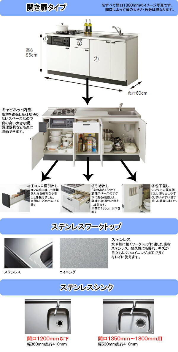 楽天市場 クリナップ コンパクトキッチン コルティ 間口1650mm 壁付け I型 開き扉プラン 扉カラー Sシリーズ 全8色 シロッコファン Tssプロネット住宅資材楽天市場店