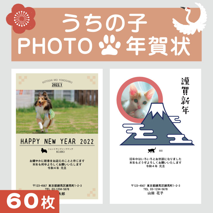 楽天市場 送料無料 うちの子 Photo 年賀状 60枚 22 年賀状印刷 写真 フォト はがき込み おしゃれ かわいい うちの子 グッズ オリジナル 安い 早い ペット 犬 猫 フクロウ 梟 鳥 小動物 トカゲ カエル うさぎ Mo U Ra