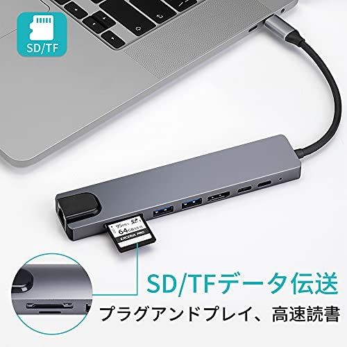 USBCハブ8in1USB-C変換アダプターHDMI4K87WPD急速充電高解像度LANポートUSBポート高速データ転送5GbpsSDTFMicroSDカードリーダーGray