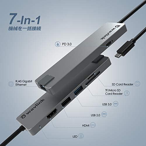 WAVLINKUSB3.0ウルトラスリム7-in-1type-cハブ旅行用ポータブルUSB-Cミニドッキングアルミニウム製4KHDMIV1.4RJ45SDとMicroSDカードリーダー50cmケーブル軽量コンパクトMacOS/Windowsに対応在宅勤務type-c7-in-1