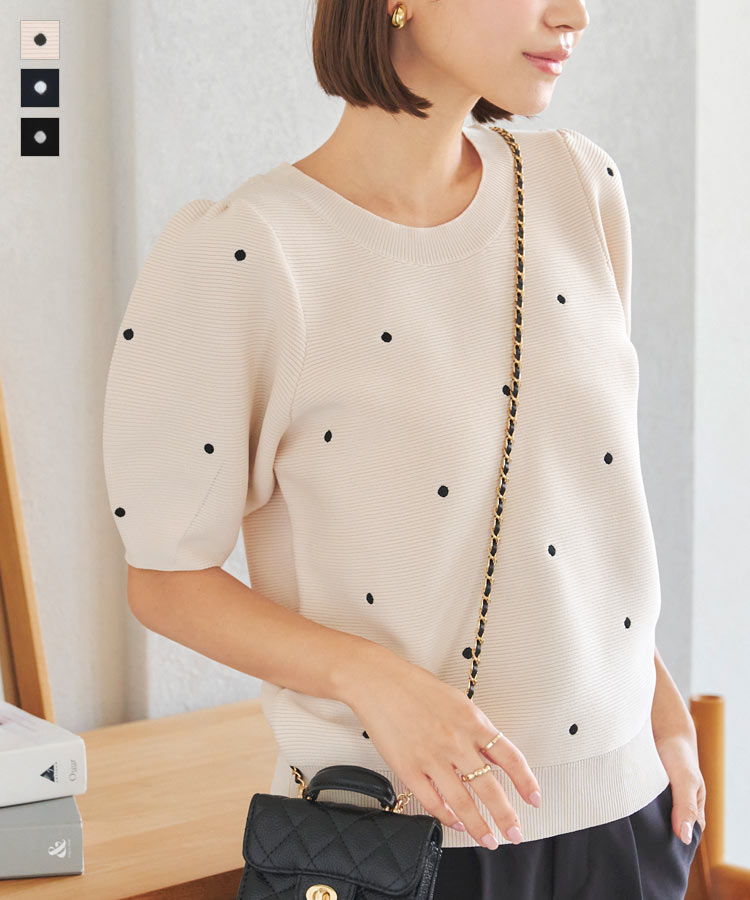 KNXT407-ドット柄・半袖VネックセンターシームトップスCLEAN Style・シンプルプルオーバー